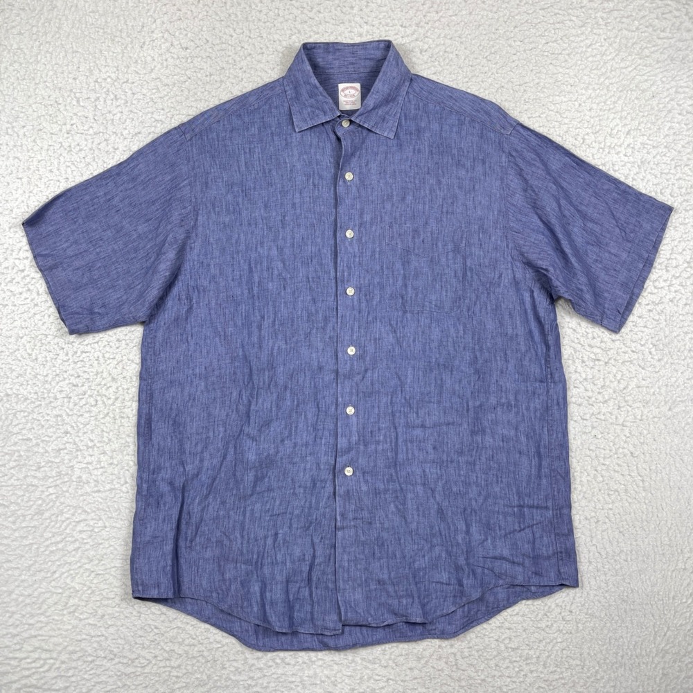 Brooks Brothers Button Up Shirt Mens Large Blue Traditional Linen Coastal Preppy